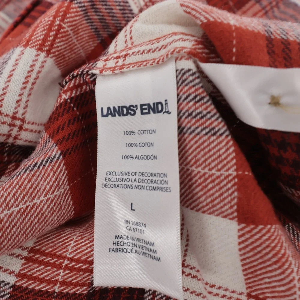 NEW Lands' End Plaid Flannel Button Down Shirt Orange Long Sleeve Mens Large
